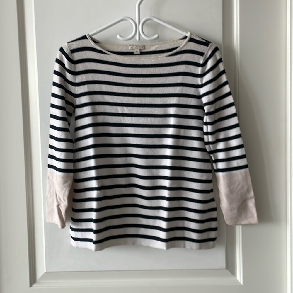 Gap women’s top, size xs, black and white strip with pink sleeve detail